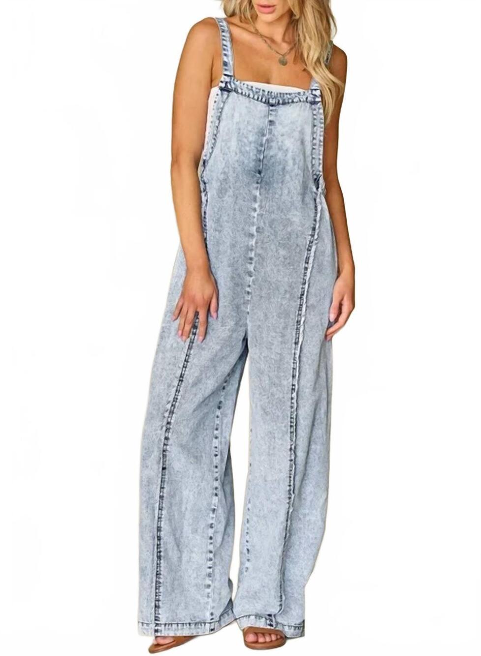 NEW LITTLE DAISY CLOSET women's wide-leg frayed seam overall in light denim